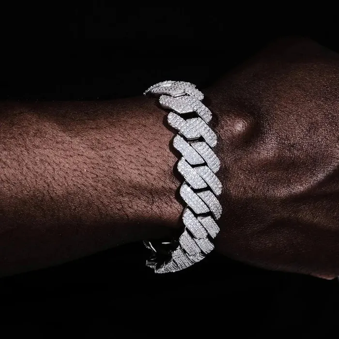 20mm Iced Out 3 Row Diamond Prong Cuban Link Bracelet in White Gold Bling Proud Bracelets 20mm Iced Out 3 Row Diamond Prong Cuban Link Bracelet in White Gold Bling Proud Bracelets