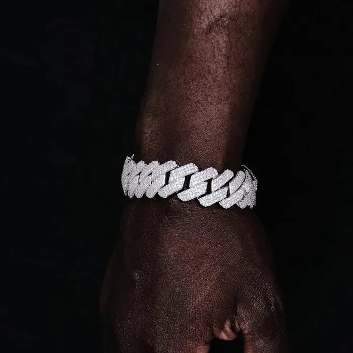 20mm Iced Out 3 Row Diamond Prong Cuban Link Bracelet in White Gold Bling Proud Bracelets