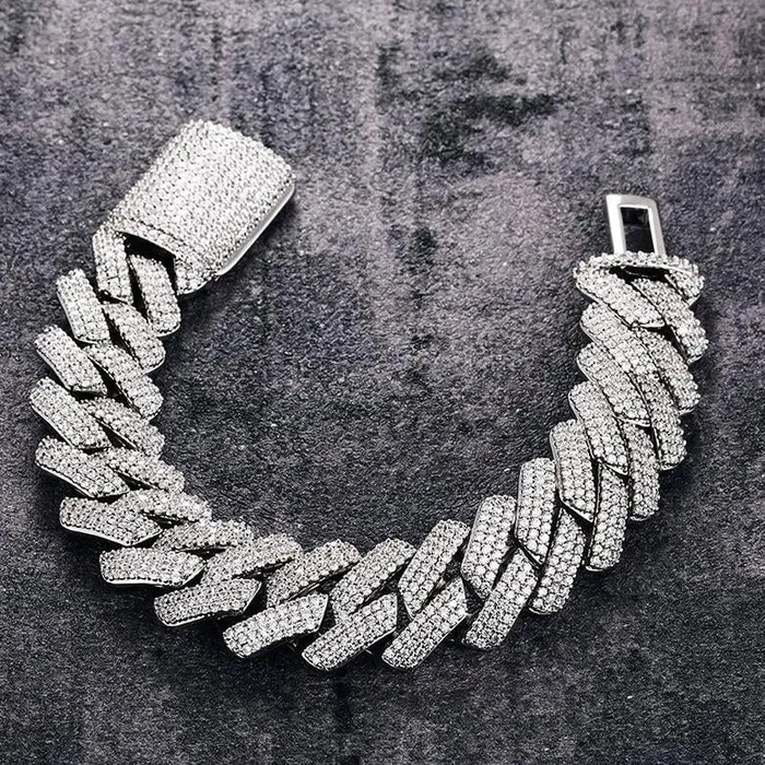 20mm Iced Out 3 Row Diamond Prong Cuban Link Bracelet in White Gold Bling Proud Bracelets
