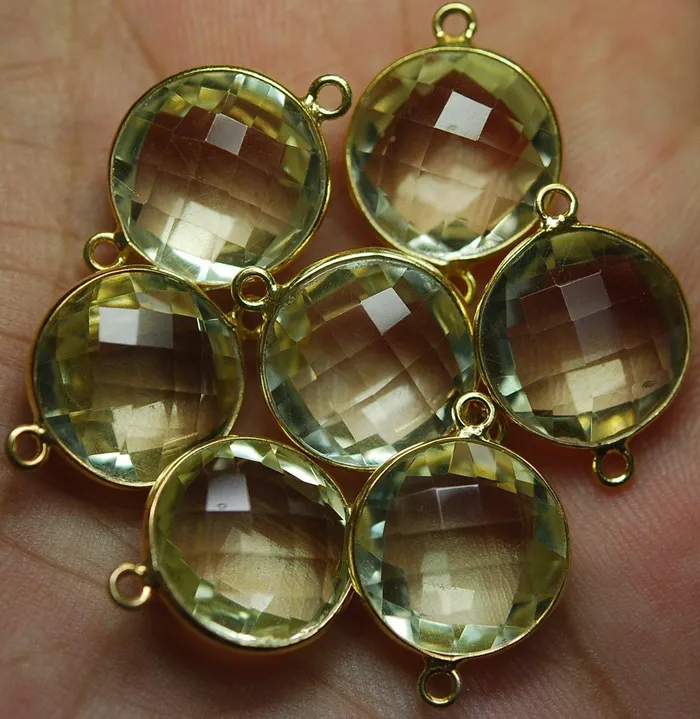 Beads Supplies USA 925 Silver Vermeil Lemon Quartz Faceted Pendant Connector 24K Gold Plated 5 Piece Of 21mm Necklaces