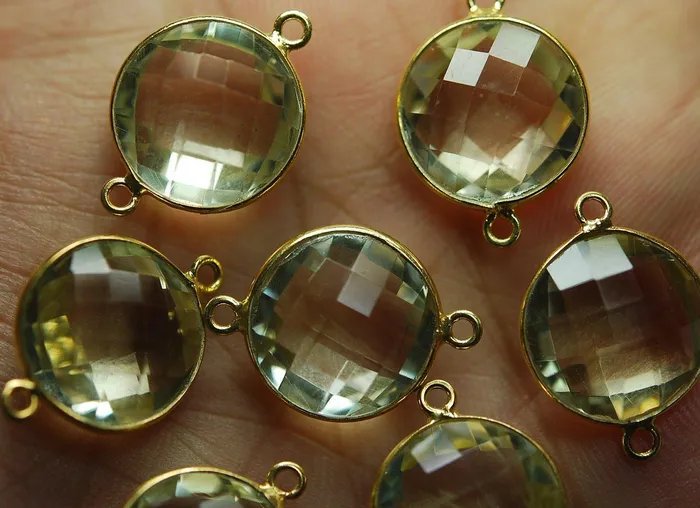 Beads Supplies USA 925 Silver Vermeil Lemon Quartz Faceted Pendant Connector 24K Gold Plated 5 Piece Of 21mm Necklaces