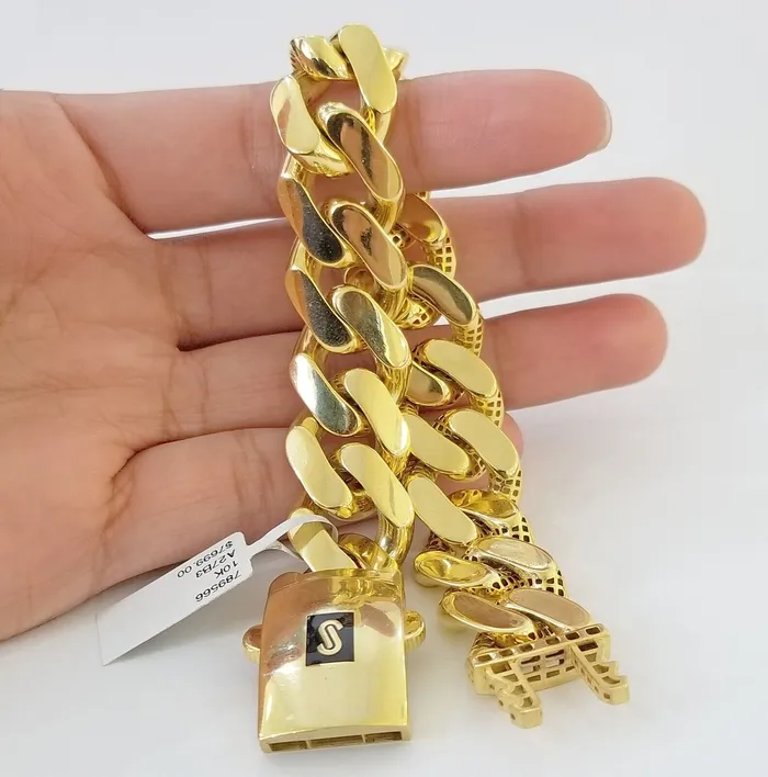 Bracelets 10K Real Yellow Gold Miami Cuban Monaco Chain 9 Bracelet 7mm 11mm 13mm 17mm Globalwatches10