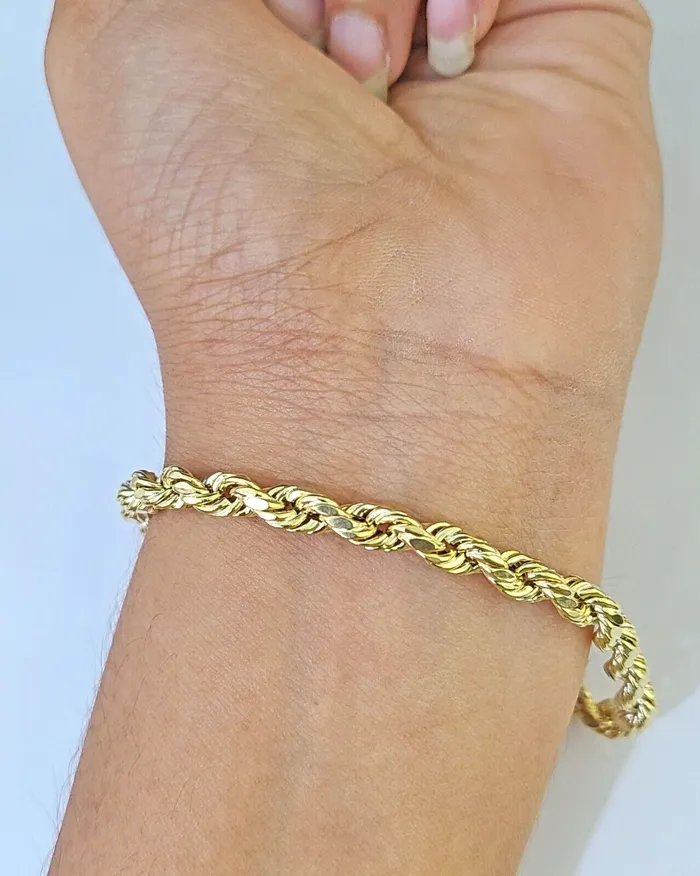 Bracelets Gold and Diamond Real 14k Yellow Gold Rope Bracelet 5mm 8 Inch Men women diamond Cut Bracelets Gold and Diamond Real 14k Yellow Gold Rope Bracelet 5mm 8 Inch Men women diamond Cut