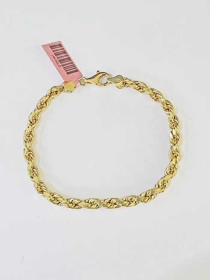 Bracelets Gold and Diamond Real 14k Yellow Gold Rope Bracelet 5mm 8 Inch Men women diamond Cut