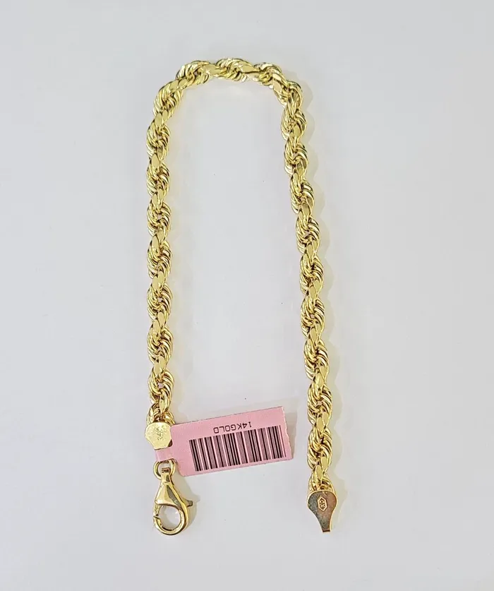 Bracelets Gold and Diamond Real 14k Yellow Gold Rope Bracelet 5mm 8 Inch Men women diamond Cut