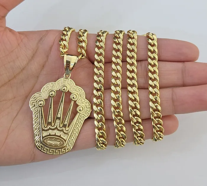 Charm Necklaces 10K Yellow Gold Crown Pendent Charm 6mm Miami Cuban Link Chain 18 30 Inch globalwatches10 Charm Necklaces 10K Yellow Gold Crown Pendent Charm 6mm Miami Cuban Link Chain 18 30 Inch globalwatches10