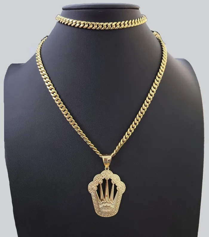 Charm Necklaces 10K Yellow Gold Crown Pendent Charm 6mm Miami Cuban Link Chain 18 30 Inch globalwatches10