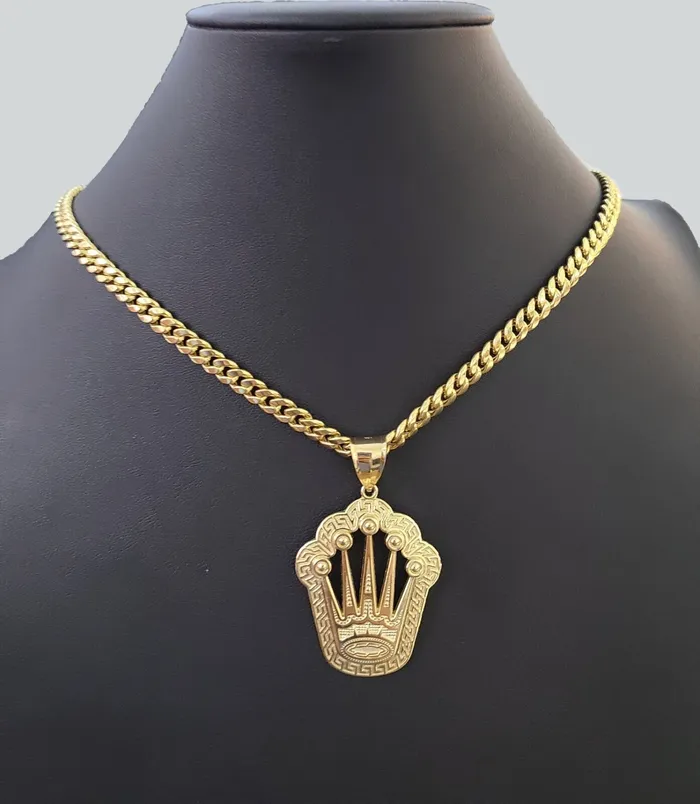 Charm Necklaces 10K Yellow Gold Crown Pendent Charm 6mm Miami Cuban Link Chain 18 30 Inch globalwatches10