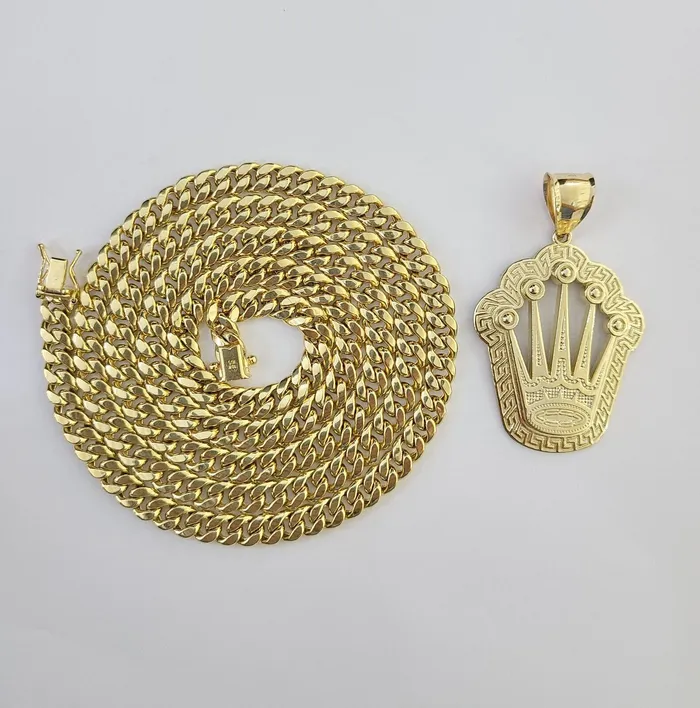 Charm Necklaces 10K Yellow Gold Crown Pendent Charm 6mm Miami Cuban Link Chain 18 30 Inch globalwatches10