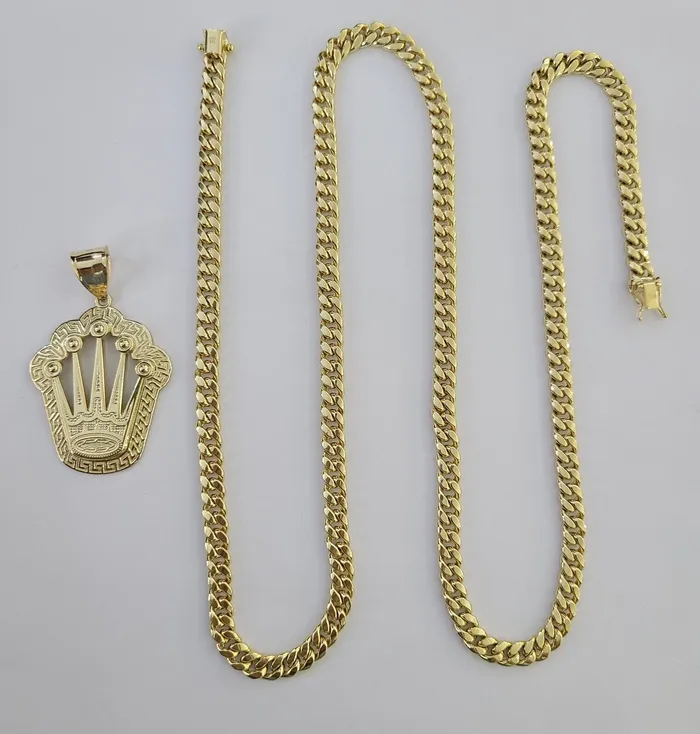 Charm Necklaces 10K Yellow Gold Crown Pendent Charm 6mm Miami Cuban Link Chain 18 30 Inch globalwatches10