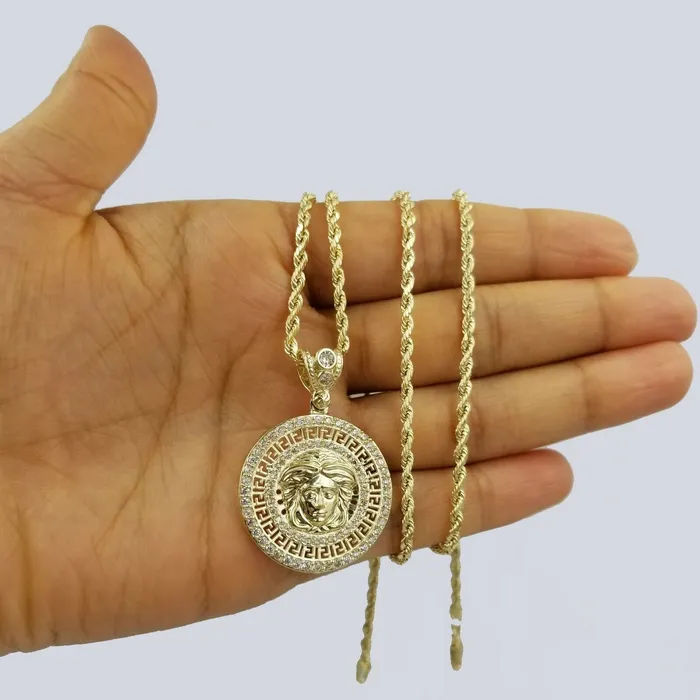 Charm Necklaces Gold and Diamond 10k Yellow Gold M Head Charm Pendent Rope Chain 25mm 20 22 24 Mens Womens