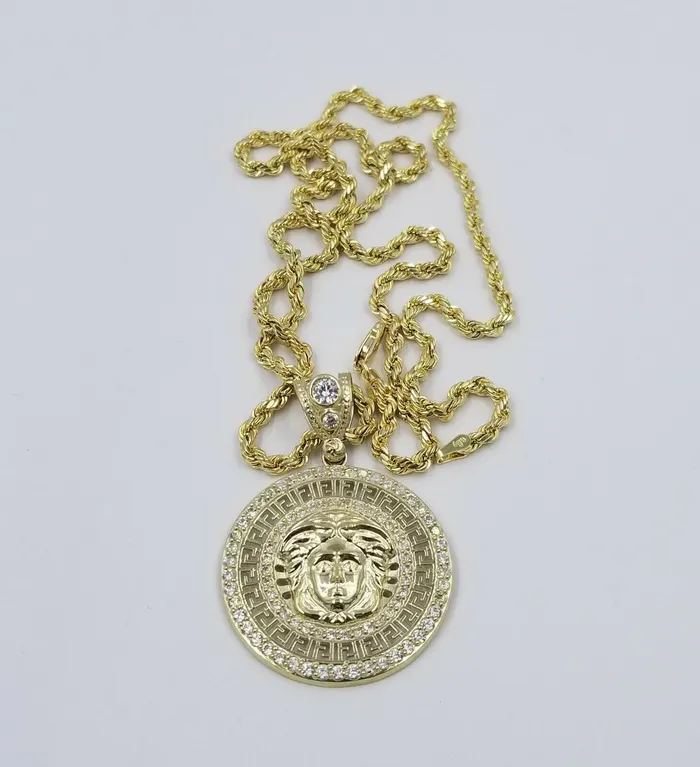 Charm Necklaces Gold and Diamond 10k Yellow Gold M Head Charm Pendent Rope Chain 25mm 20 22 24 Mens Womens