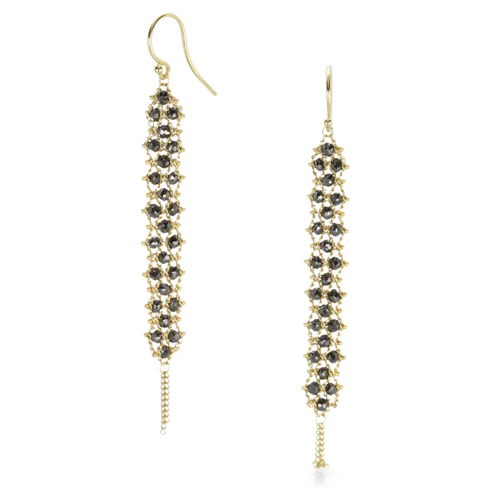 Earrings Amali Long Black Diamond Textile Gold Earrings