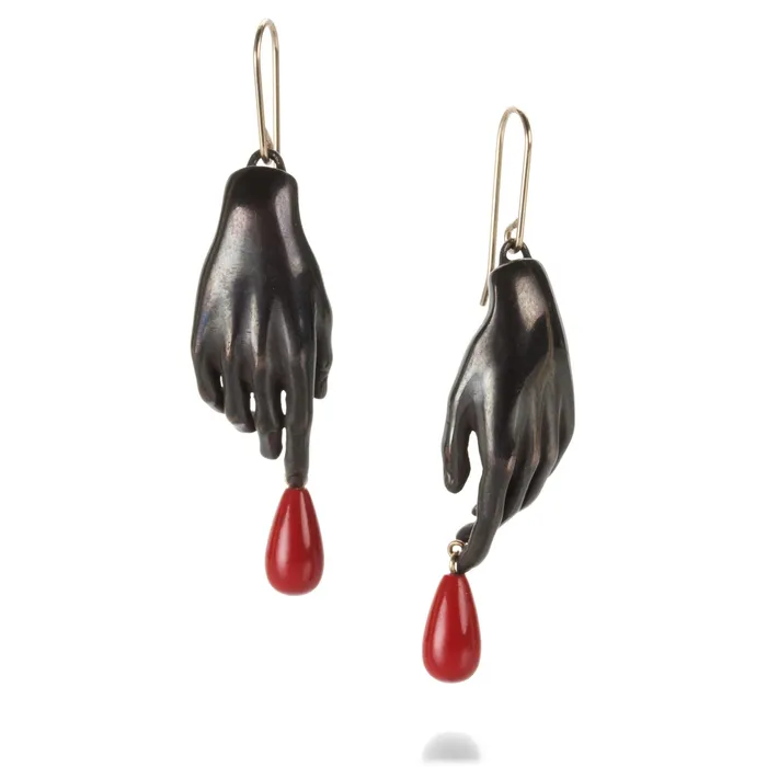 Earrings Gabriella Kiss Oxidized Bronze Hand Earrings with Red Drops