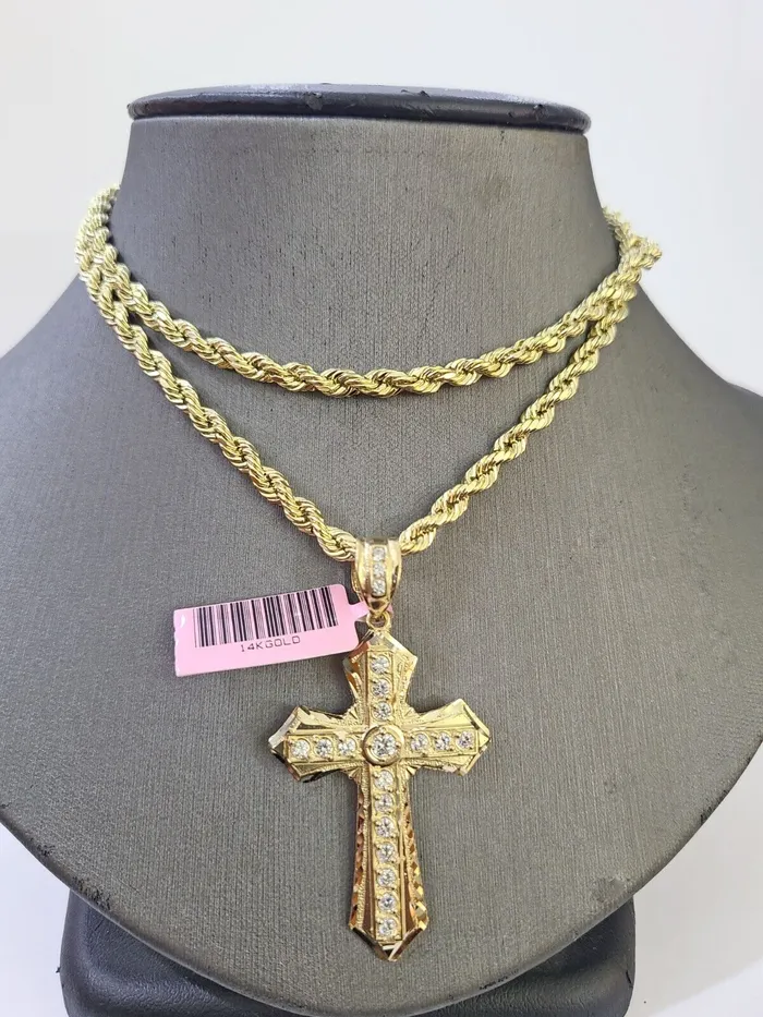 Globalwatches10 14k Yellow Gold Rope Chain CZ Cross Charm SET 4mm 22 Inches Necklace Necklaces