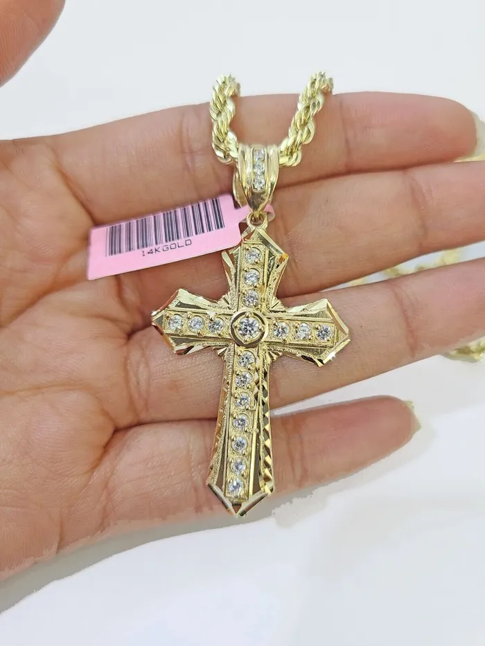Globalwatches10 14k Yellow Gold Rope Chain CZ Cross Charm SET 4mm 22 Inches Necklace Necklaces