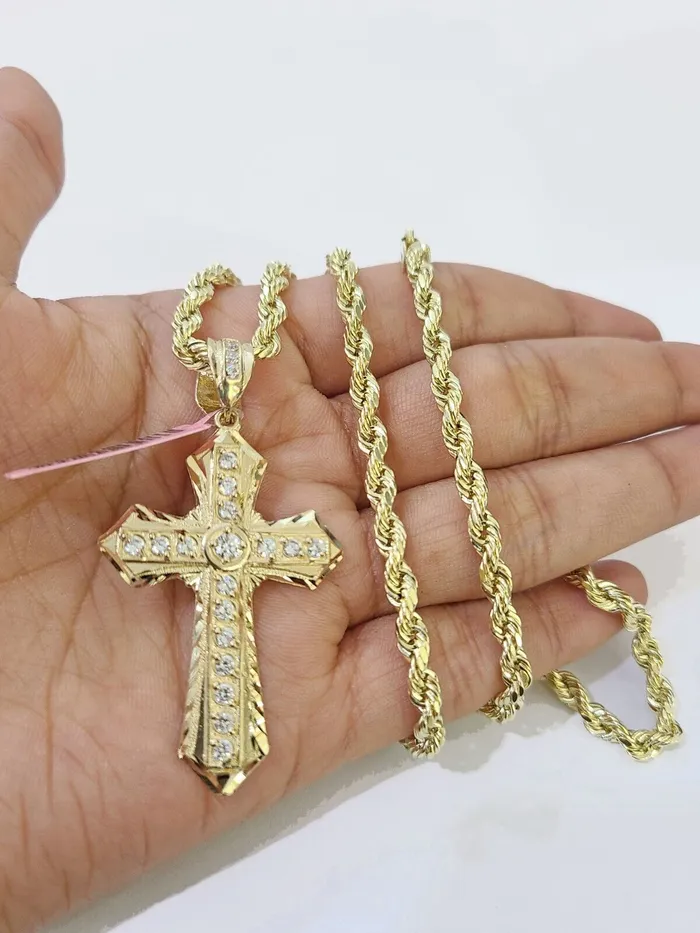Globalwatches10 14k Yellow Gold Rope Chain CZ Cross Charm SET 4mm 22 Inches Necklace Necklaces