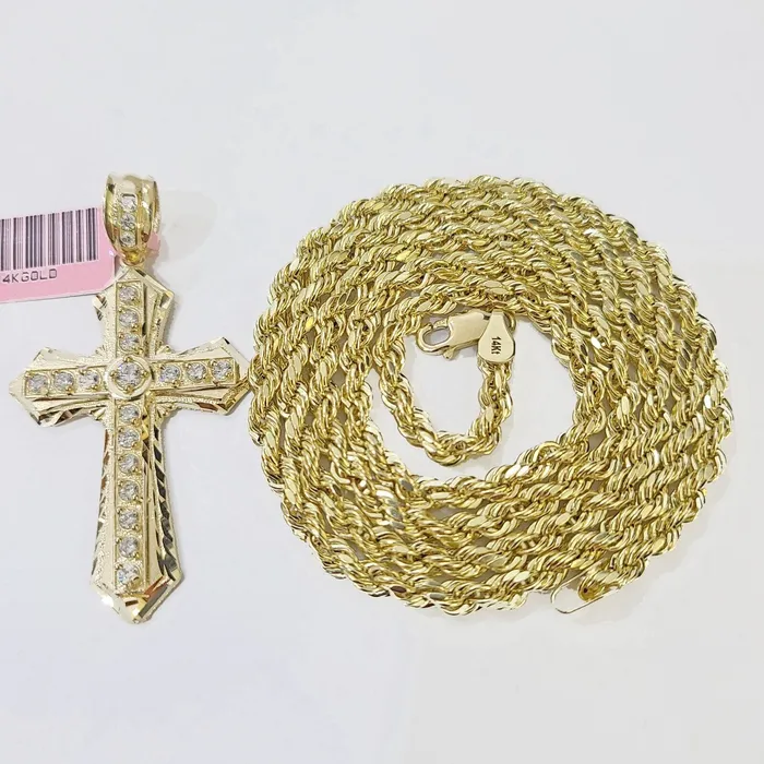 Globalwatches10 14k Yellow Gold Rope Chain CZ Cross Charm SET 4mm 22 Inches Necklace Necklaces