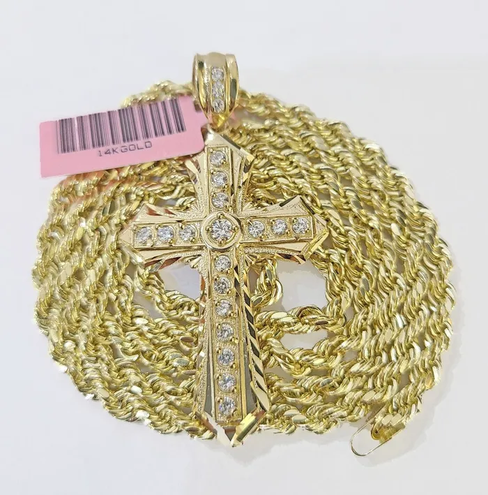 Globalwatches10 14k Yellow Gold Rope Chain CZ Cross Charm SET 4mm 22 Inches Necklace Necklaces