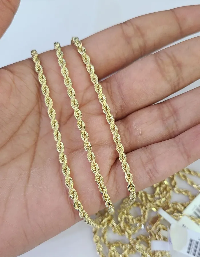 Globalwatches10 Necklaces 10k Solid Real Rope Chain Necklace 3mm 1826 Yellow Gold Men Women Genuine