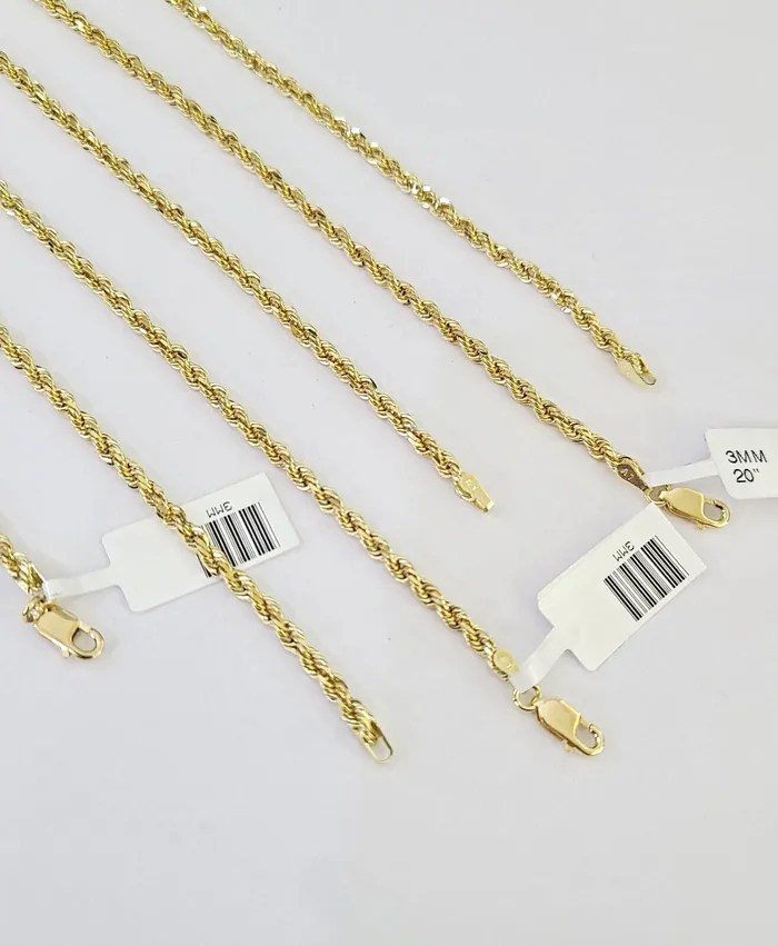 Globalwatches10 Necklaces 10k Solid Real Rope Chain Necklace 3mm 1826 Yellow Gold Men Women Genuine