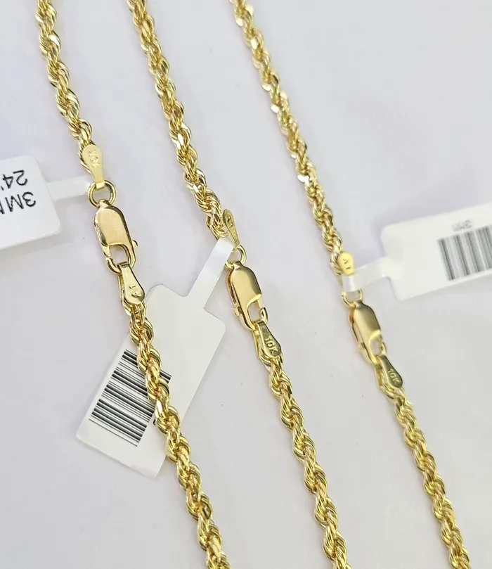 Globalwatches10 Necklaces 10k Solid Real Rope Chain Necklace 3mm 1826 Yellow Gold Men Women Genuine