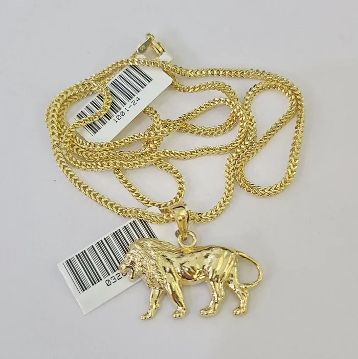 Gold and Diamond 10K Franco Chain Lion Pendant Charm Necklace 1624 2mm Yellow Gold SET Necklaces
