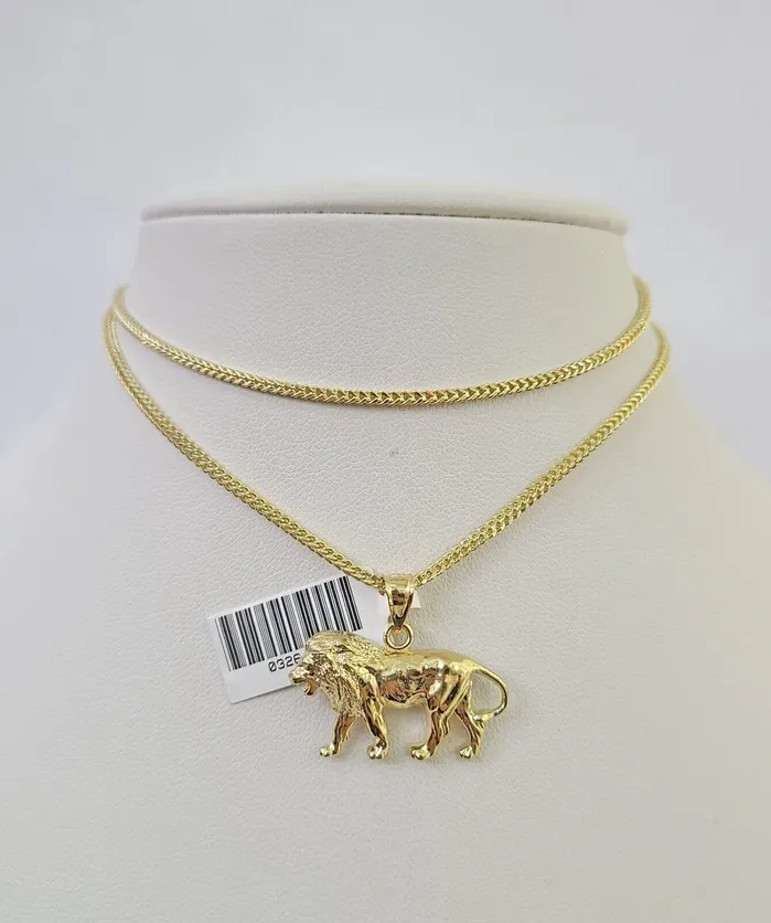 Gold and Diamond 10K Franco Chain Lion Pendant Charm Necklace 1624 2mm Yellow Gold SET Necklaces
