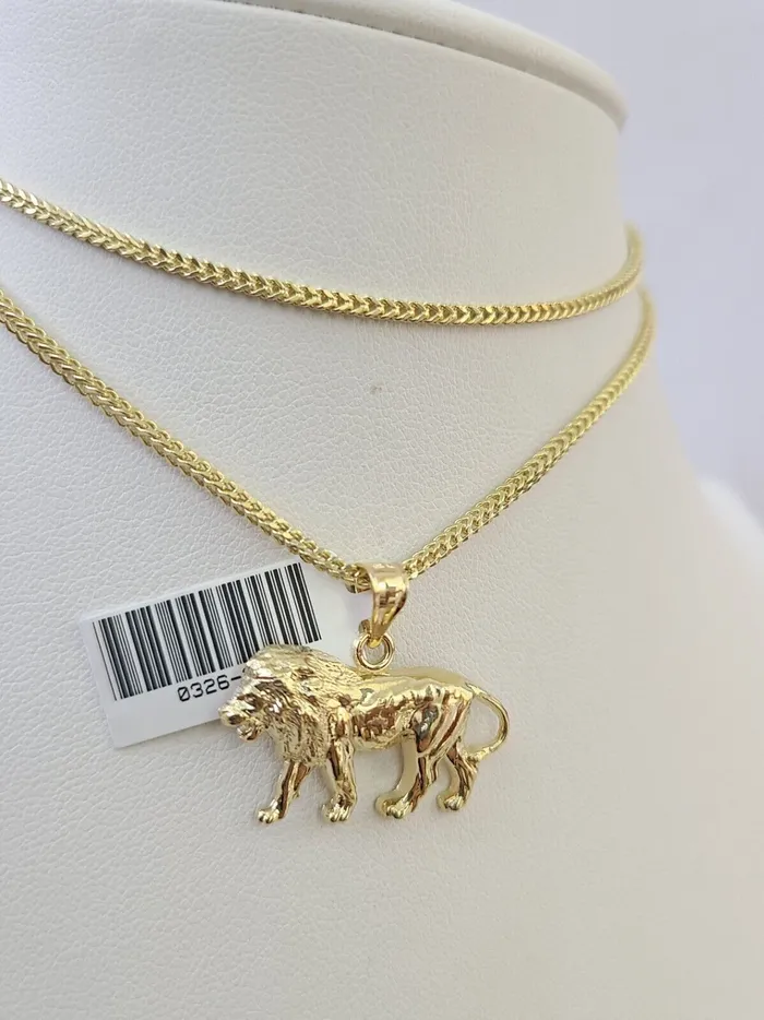 Gold and Diamond 10K Franco Chain Lion Pendant Charm Necklace 1624 2mm Yellow Gold SET Necklaces