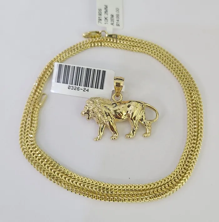 Gold and Diamond 10K Franco Chain Lion Pendant Charm Necklace 1624 2mm Yellow Gold SET Necklaces