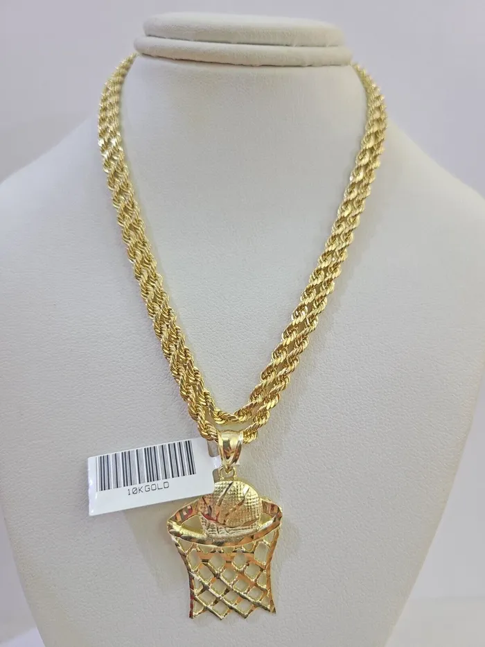 Gold and Diamond 10k Real Gold Basketball Goal Pendant with 3mm 22 Rope Chain Necklace Set Necklaces Gold and Diamond 10k Real Gold Basketball Goal Pendant with 3mm 22 Rope Chain Necklace Set Necklaces