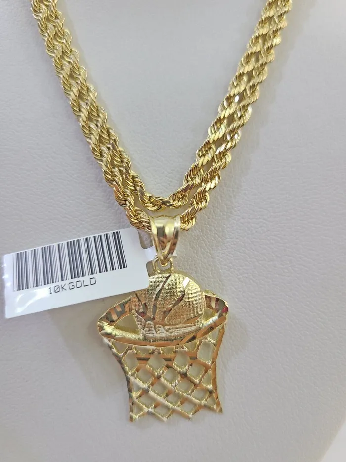 Gold and Diamond 10k Real Gold Basketball Goal Pendant with 3mm 22 Rope Chain Necklace Set Necklaces