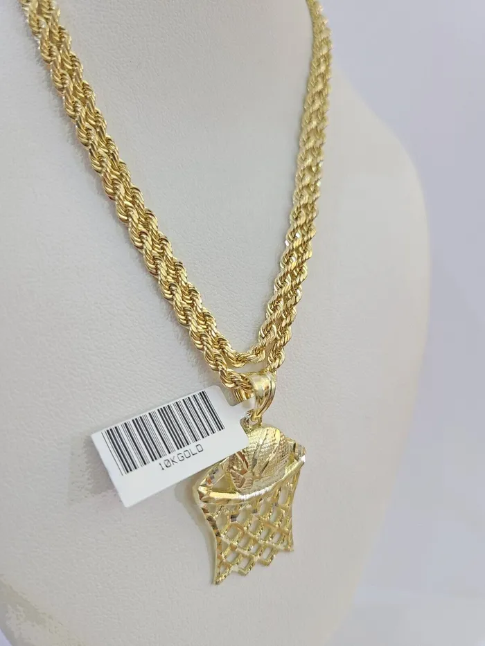 Gold and Diamond 10k Real Gold Basketball Goal Pendant with 3mm 22 Rope Chain Necklace Set Necklaces