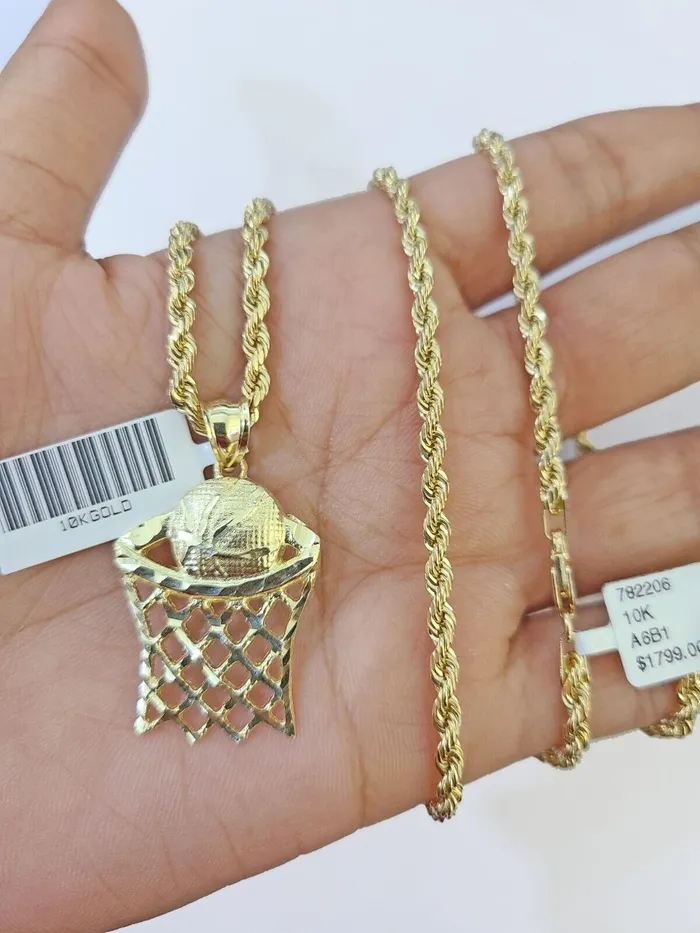 Gold and Diamond 10k Real Gold Basketball Goal Pendant with 3mm 22 Rope Chain Necklace Set Necklaces