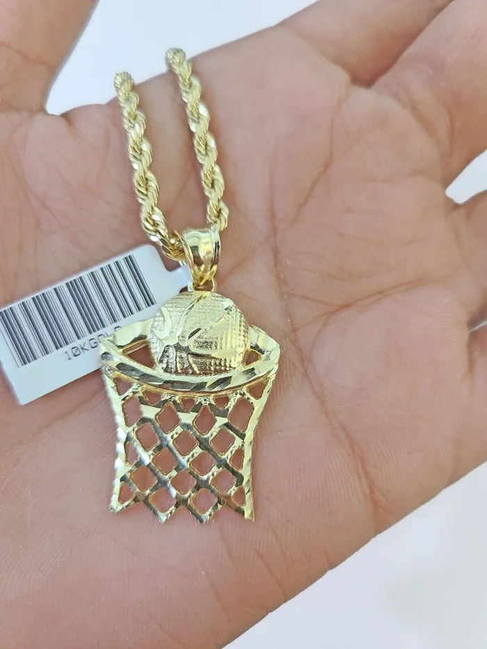 Gold and Diamond 10k Real Gold Basketball Goal Pendant with 3mm 22 Rope Chain Necklace Set Necklaces