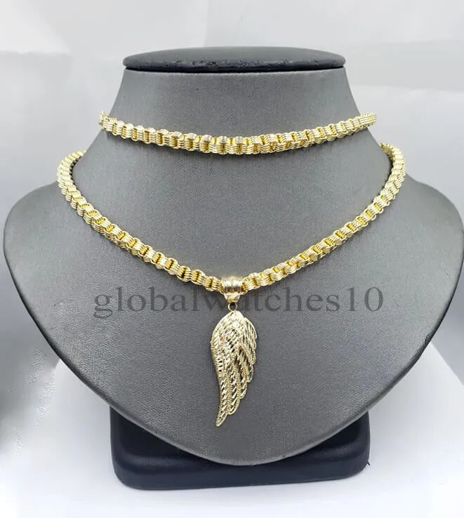 Gold and Diamond 10k Yellow Gold Angel Wing Pendant Charm 10k Solid Rope palm Byzantine chain Set Charm Necklaces Gold and Diamond 10k Yellow Gold Angel Wing Pendant Charm 10k Solid Rope palm Byzantine chain Set Charm Necklaces