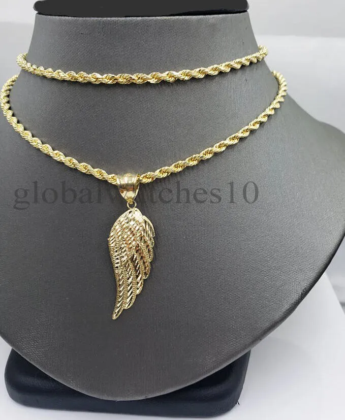 Gold and Diamond 10k Yellow Gold Angel Wing Pendant Charm 10k Solid Rope palm Byzantine chain Set Charm Necklaces