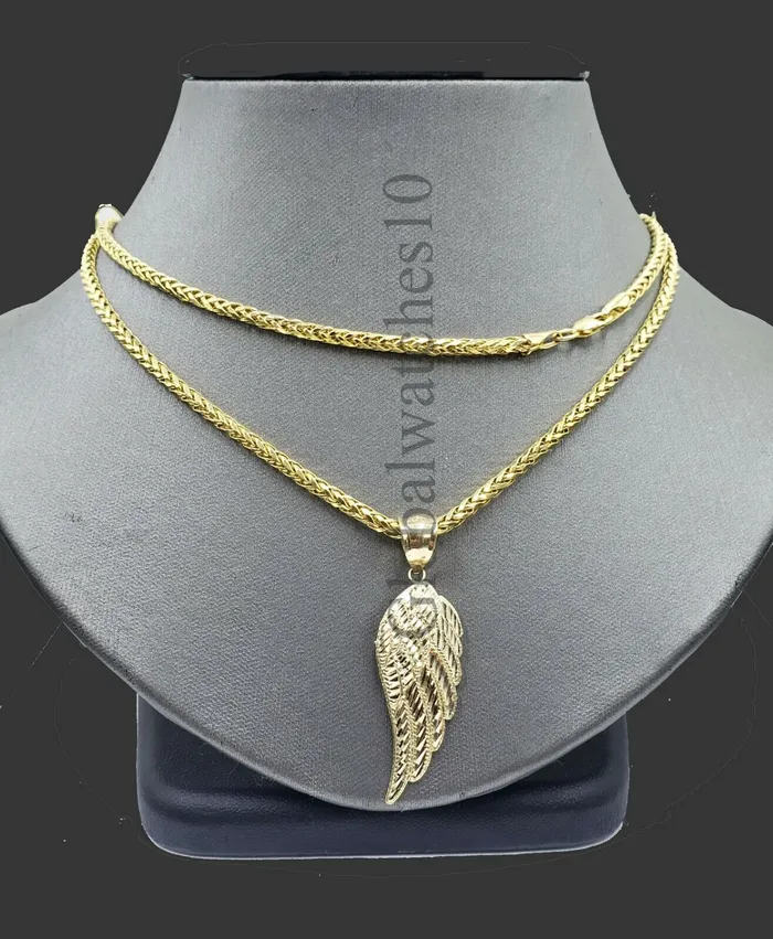 Gold and Diamond 10k Yellow Gold Angel Wing Pendant Charm 10k Solid Rope palm Byzantine chain Set Charm Necklaces