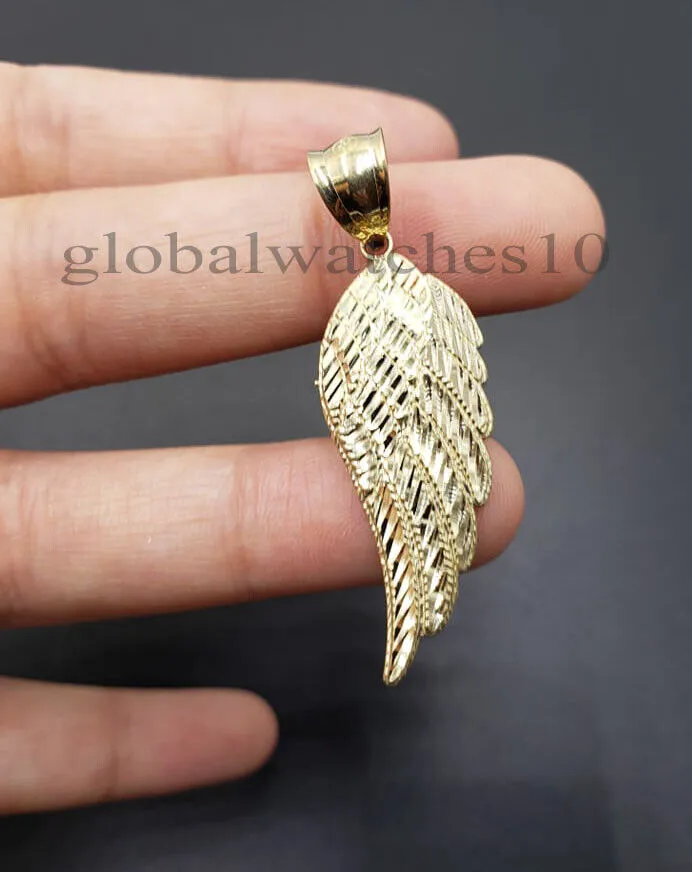 Gold and Diamond 10k Yellow Gold Angel Wing Pendant Charm 10k Solid Rope palm Byzantine chain Set Charm Necklaces