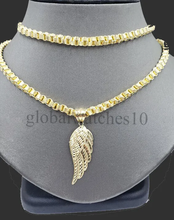 Gold and Diamond 10k Yellow Gold Angel Wing Pendant Charm 10k Solid Rope palm Byzantine chain Set Charm Necklaces