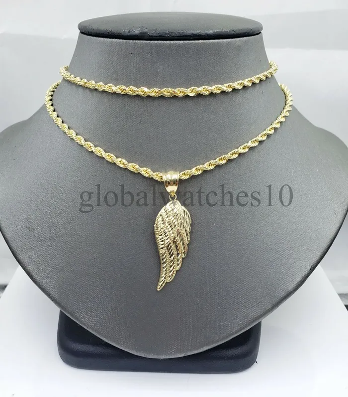 Gold and Diamond 10k Yellow Gold Angel Wing Pendant Charm 10k Solid Rope palm Byzantine chain Set Charm Necklaces