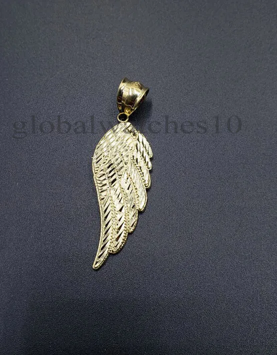 Gold and Diamond 10k Yellow Gold Angel Wing Pendant Charm 10k Solid Rope palm Byzantine chain Set Charm Necklaces