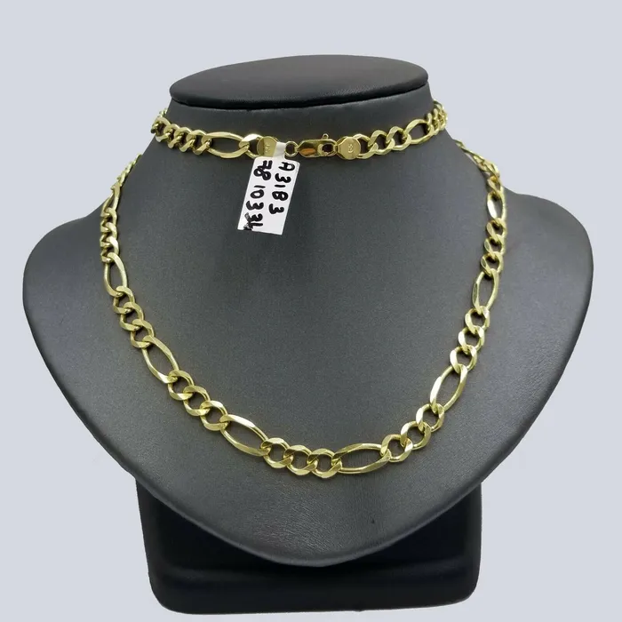 Gold and Diamond 7mm 28 Solid 10k Yellow Gold Figaro Link Chain Heavy Necklace Men Women REAL Necklaces