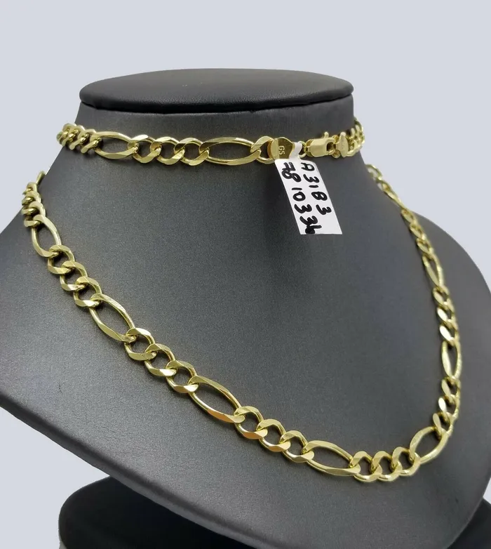 Gold and Diamond 7mm 28 Solid 10k Yellow Gold Figaro Link Chain Heavy Necklace Men Women REAL Necklaces
