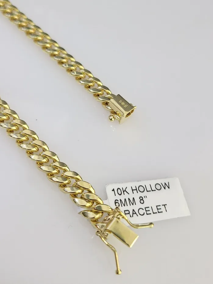 Gold and Diamond Bracelets 10K Gold HOLLOW Miami Cuban Bracelet 6mm 8 inch 10Kt Box Lock Real