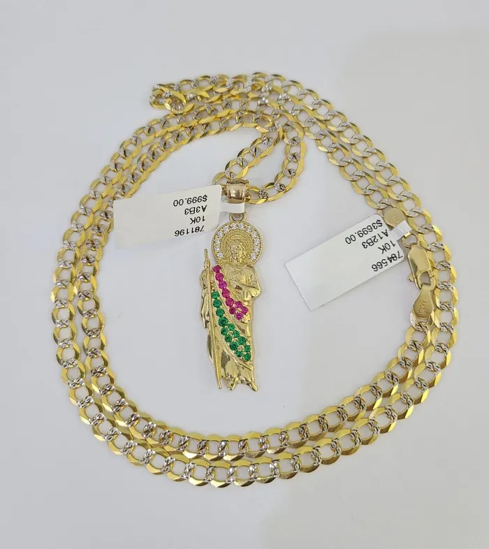 Gold and Diamond Charm Necklaces 10k Gold Chain Saint Jude Charm Solid Cuban Curb Link 5mm 1828 Inch SET Gold and Diamond Charm Necklaces 10k Gold Chain Saint Jude Charm Solid Cuban Curb Link 5mm 1828 Inch SET
