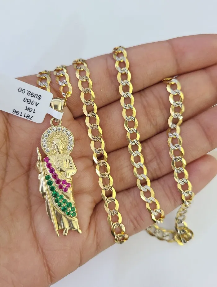 Gold and Diamond Charm Necklaces 10k Gold Chain Saint Jude Charm Solid Cuban Curb Link 5mm 1828 Inch SET