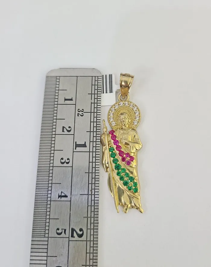 Gold and Diamond Charm Necklaces 10k Gold Chain Saint Jude Charm Solid Cuban Curb Link 5mm 1828 Inch SET