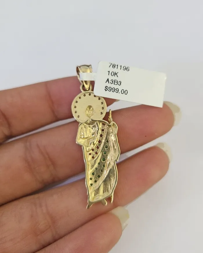 Gold and Diamond Charm Necklaces 10k Gold Chain Saint Jude Charm Solid Cuban Curb Link 5mm 1828 Inch SET