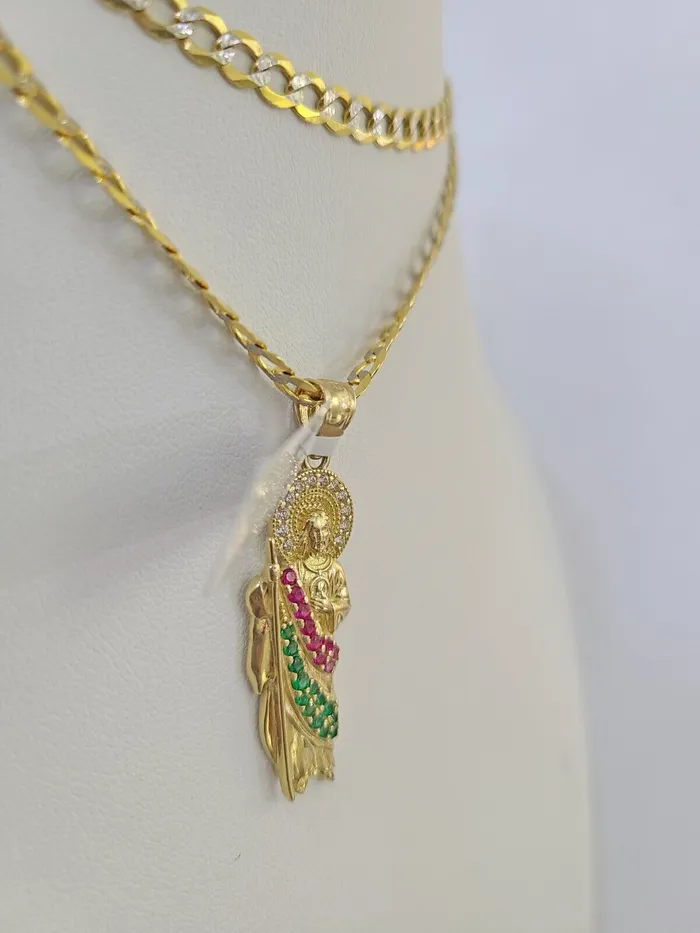 Gold and Diamond Charm Necklaces 10k Gold Chain Saint Jude Charm Solid Cuban Curb Link 5mm 1828 Inch SET